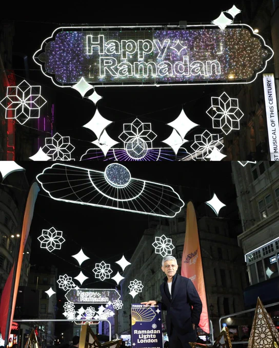 Collage image - above is lights saying ‘Happy Ramadan’ over a street. Below is Mayor Sadiq Khan with his hand on a button which reads ‘Ramadan Lights London’, in front of a street lit up with Ramadan lights