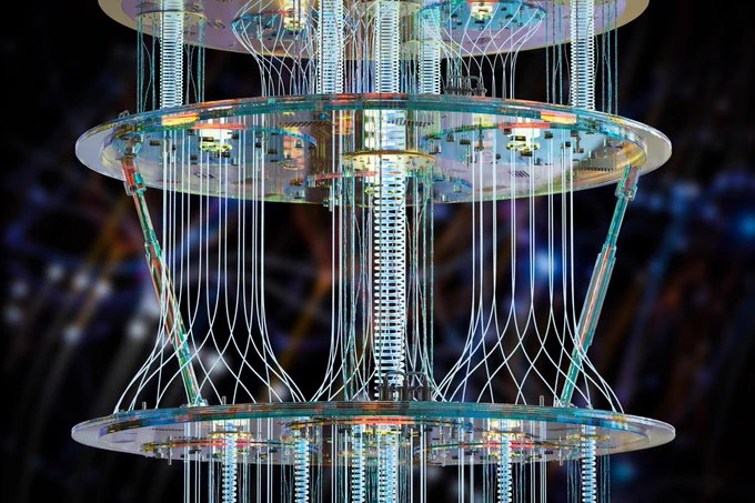 3D illustration of the delicate and shining components of a quantum computer