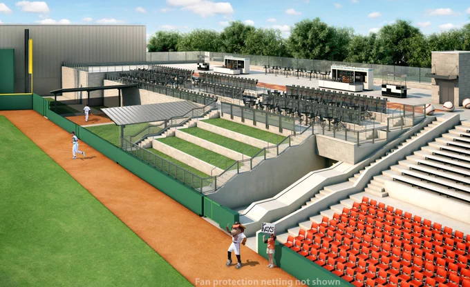 Rendering of Harry Grove Stadium's baseball field with a game in progress features a batter, a catcher, and an umpire. The stands have several empty red seats and tiered seating areas. There is a sign with held by one of the individuals near the field. The scene is under a clear sky with a backdrop of trees.