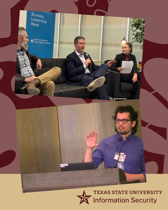 Top: three individuals seated on a couch being interviewed for a panel event. Bottom: a staff member gives a presentation at a podium.