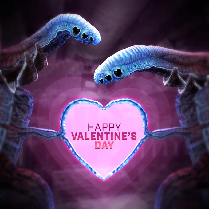 Two Engineers making a heart with their tendrils that says \"Happy Valentine's Day\" in the middle.