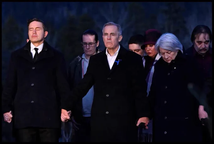 Photo of Canadian political party leaders holding hands at tumbler ridge. Mark Carney is in the middle.