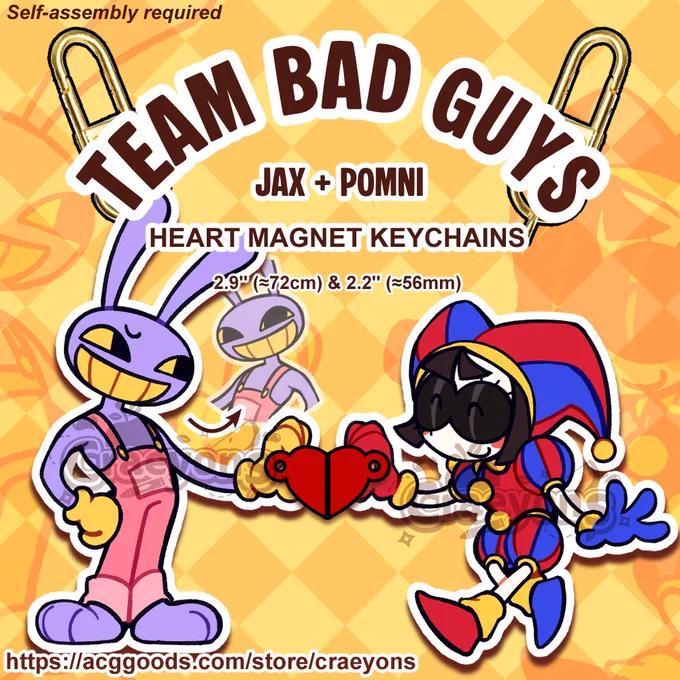 Promotional image of Jax and Pomni making a half heart for a keychain