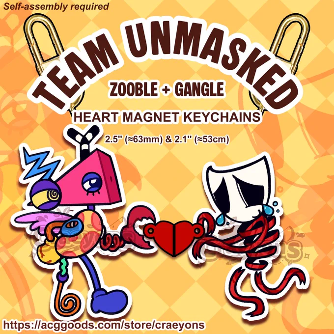 Promotional image of Zooble and Gangle making a half heart for a keychain