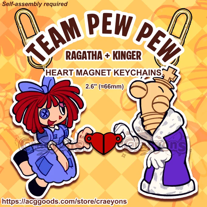 Promotional image of Ragatha and Kinger making a half heart for a keychain