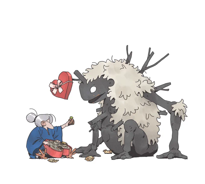 A stylized drawing of an old woman with chicken feet eating chocolates from a heart shaped box, and offering one to a large creature next to her.