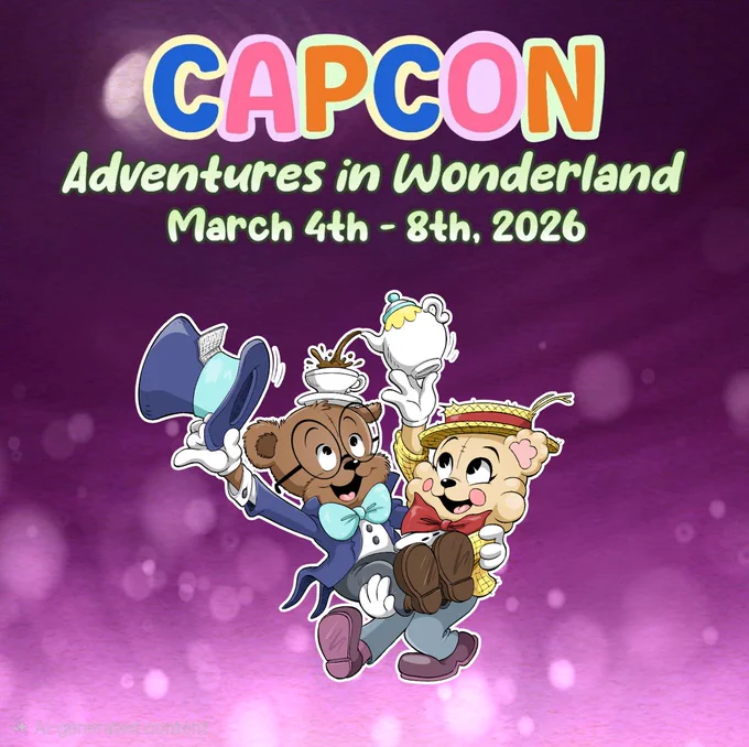 Colorful promotional graphic for CAPCon 2026 with the title “CAPCON Adventures in Wonderland March 4th – 8th, 2026” at the top. Below, two cheerful cartoon teddy bear characters dressed in Wonderland themed outfits celebrate together. One bear in a blue coat and bow tie tips a hat while balancing a teacup on their head. The other bear in a straw hat and red bow tie holds up a teapot as if pouring tea. Purple dreamy background with soft glowing light effects.