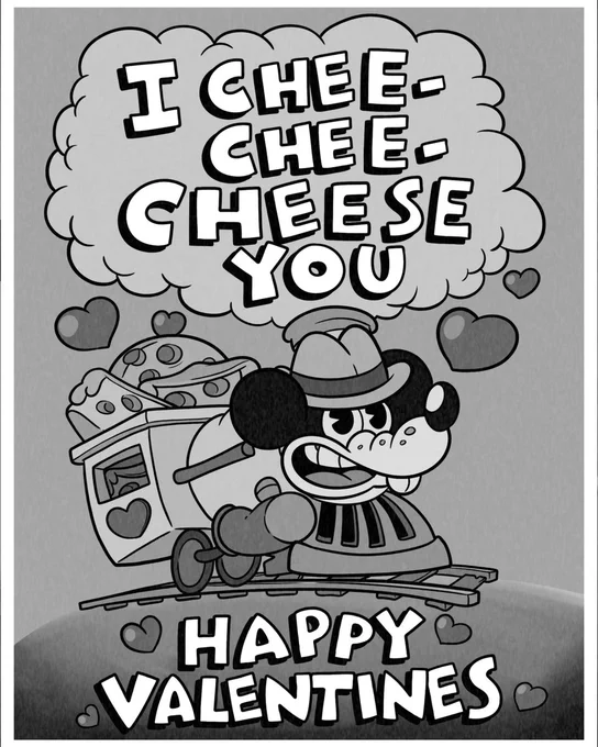 Image of Jack Pepper as a train with cheese in the carriage - text reads: "I Chee-Chee-Cheese You, Happy Valentines"