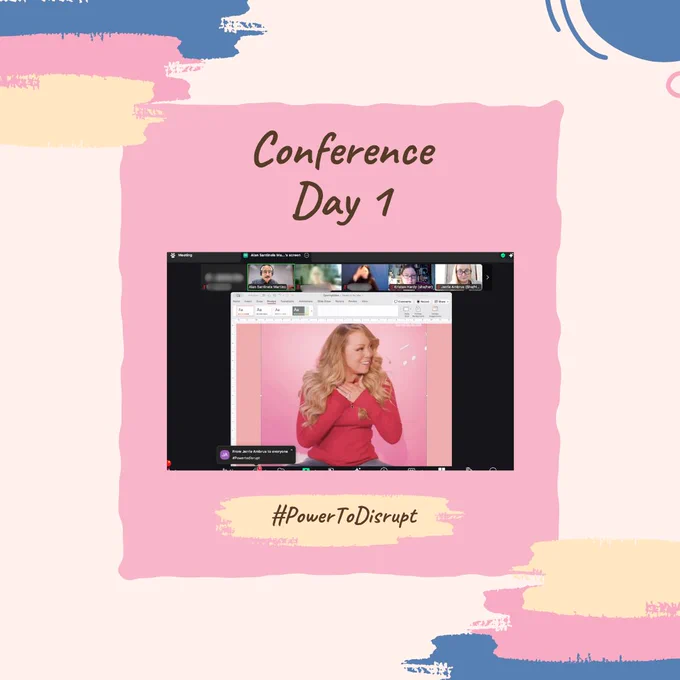 Abstract design featuring a picture of the conference closing speech presentation by Dr. Alan Martino. The presentation is shared on a Zoom call, with Mariah Carey featured in the midle of the slides.