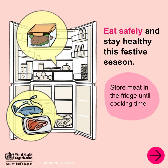 An illustration of an open refrigerator containing various foods. Highlighted circles show cooked food stored in a container and raw fish and meat placed on lower shelves. The text reads: “Eat safely and stay healthy this festive season.” Another text bubble says: “Store meat in the fridge until cooking time.” A pink arrow icon and WHO Western Pacific Region logo appear at the bottom.
