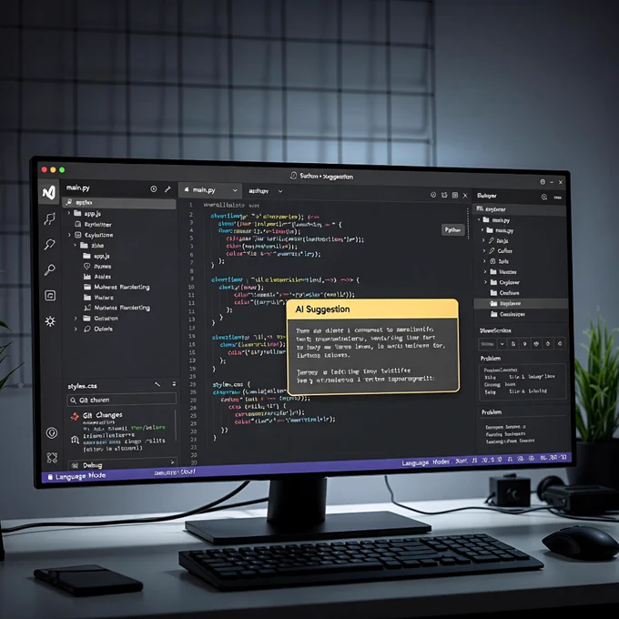 Clean screenshot of a VS Code / Cursor window in a modern developer setup. AI suggestion box is highlighted in yellow, showing smart code completion. Dark theme, real programmer workspace vibe — no fluff, just serious coding in 2026