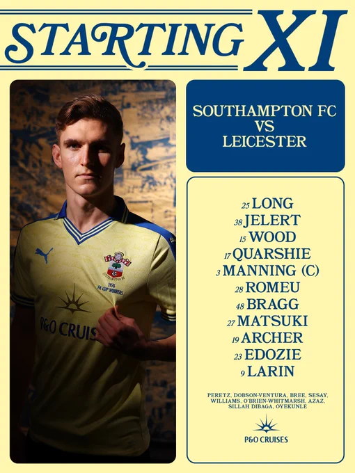 Southampton's starting XI against Leicester: Long, Jelert, Wood, Quarshie, Manning (c), Romeu, Bragg, Matsuki, Archer, Edozie, Larin. SUBS: Peretz, Dobson-Ventura, Bree, Sesay, Williams, O'Brien-Whitmarsh, Azaz, Sillah Dibaga, Oyekunle.