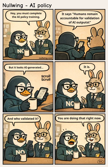  Six-panel comic strip titled "Nullwing - AI policy." A penguin in a "NO" hoodie is told by a rabbit engineering manager to complete AI policy
  training. The penguin reads the policy on a phone, notices it says humans must validate AI outputs, then points out the policy itself looks
  AI-generated. The manager confirms it is. The penguin asks who validated it, and the manager reveals the penguin is validating it right now by reading
   it. Signed SP.