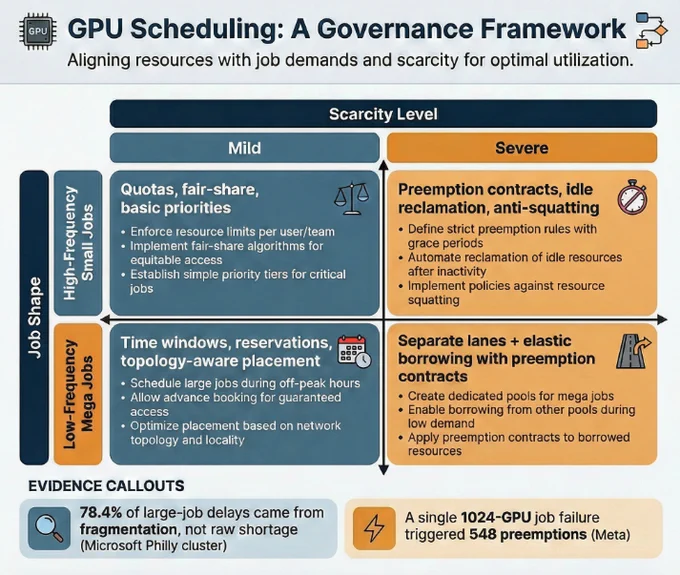 Four-quadrant GPU scheduling framework diagram: job shape (small vs mega) vs scarcity (mild vs severe) with policy recommendations and evidence callouts.