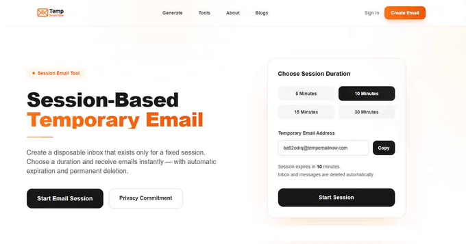 Session-based temporary email interface showing duration selection options and instant inbox generation without signup.
