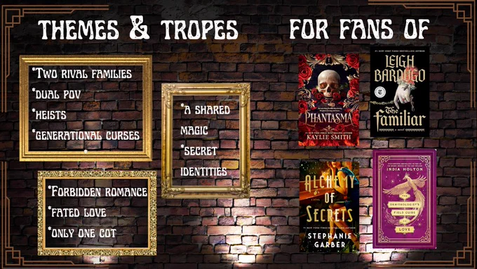 Picture frames with tropes insides and gallery of book covers set against the backdrop of a brick wall.