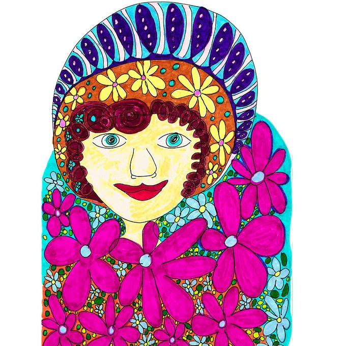 Hand drawn composition featuring the design –

Abstract Feminine.

I drew this from imagination using ink pens and paper and laterally digitally colour edited it plus removed the background in canva.com. 

Features a colorful portrait of a woman with curly hair surrounded by vibrant flowers. 

The design features a playful blend of patterns and shapes.

Click links on the main post for options.
