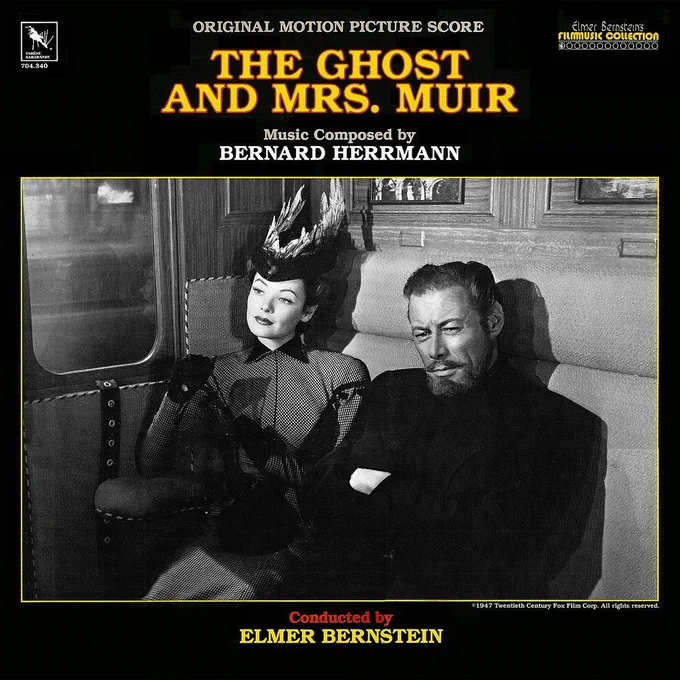 Cover art for Varèse Sarabande's 1985 LP release of Bernard Herrmann's THE GHOST AND MRS. MUIR (1947). Conducted by Elmer Bernstein.