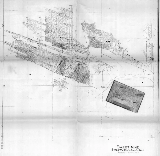 Detailed black and white blueprint of Sweet Mine coal mining tunnels and shafts in Utah by Sweet Coal Co.