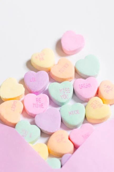 Colorful pastel candy hearts with messages like 'BE MINE' and 'MISS YOU' spilling out of a pink envelope.