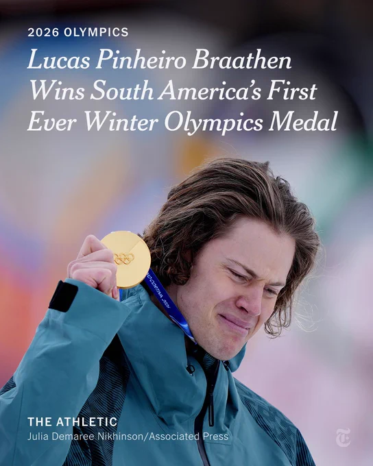 Headline on a photo of the Brazilian athlete holding a gold medal: Lucas Pinheiro Braathen Wins South America’s First Ever Winter Olympics Medal