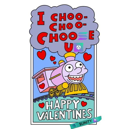A Valentines Day Card from the $Unity CommUnity addressed to RoaringKitty and his brother BarkingPuppy. The card reads: I Choo-Choo-Choose U and there is a picture of a train on it.