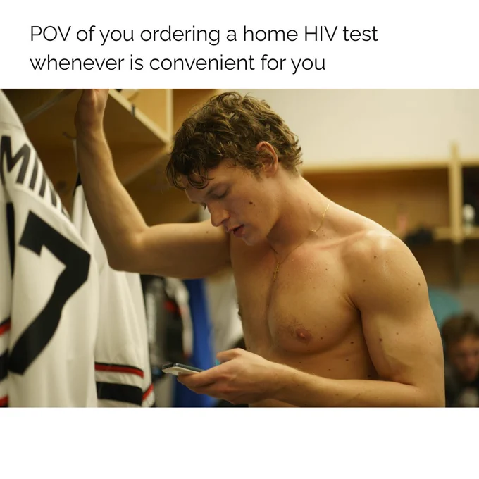 A shirtless man holds a phone. Text says 'POV of you ordering a home HIV test whenver is convenient for you.'