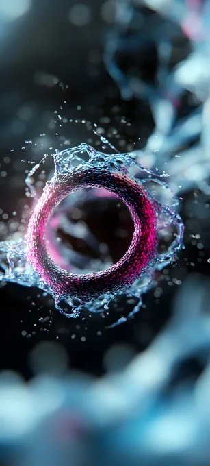 Macro visualization of liquid tension. High-velocity shutter emulation capturing chromatic dispersion and subsurface light scattering within the torus. 