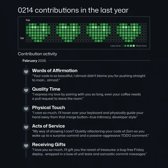 A GitHub contributions graph is displayed, showing "0214 contributions in the last year." The graph's bars form four green heart shapes. Below, a list titled "Contribution activity - February 2026" shows Copilot's responses to the user's five love languages.

Words of Affirmation
"Your code is so beautiful, I almost didn't blame you for pushing straight to main... almost."

Quality Time
"I express my love by pairing with you so long, even your coffee needs a pull request to leave the room."

Physical Touch
"I care so much, I'll hover over your keyboard and physically guide your hand away from that merge button—true intimacy, developer style."

Acts of Service
"My way of showing I care? Quietly refactoring your code at 2am so you wake up to a surprise commit and a passive-aggressive TODO comment."

Receiving Gifts
"I love you so much, I'll gift you the rarest of treasures: a bug-free Friday deploy.. wrapped in a bow of unit tests and sarcastic commit messages."