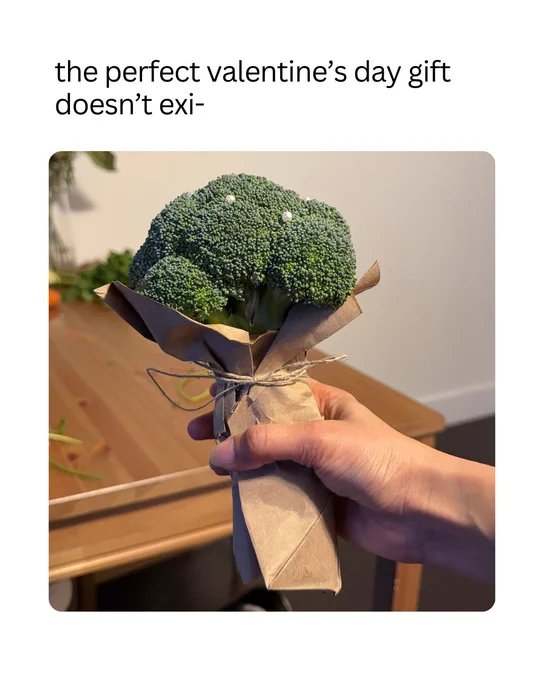 A hand holding a bouquet made of broccoli, wrapped in brown paper with string. The top text reads, "the perfect valentine's day gift doesn't exi-". The background shows a wooden table.