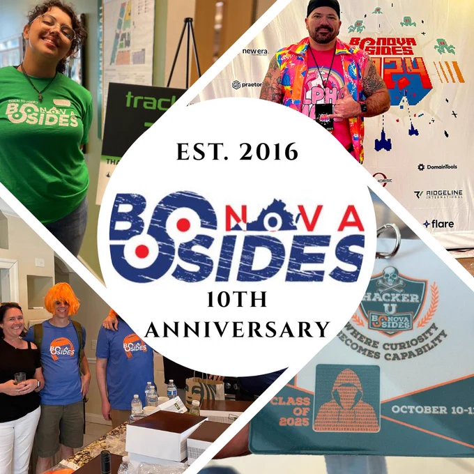 A collage celebrating the 10th anniversary of BSides NoVA, centered around a logo reading "EST. 2016 BSides NoVA 10TH ANNIVERSARY." The four surrounding photos show: a smiling volunteer in a green t-shirt; a man in a neon vest giving a thumbs-up in front of a pixel-art backdrop; a group of attendees, one wearing an orange wig, socializing indoors; and a close-up of a "Hacker U" Class of 2025 conference badge.