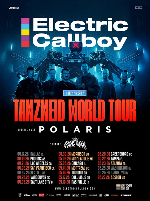 Ein Plakat für eine Konzerttournee der Rockband "Electric Callboy" mit Terminen in Nordamerika sowie Gastauftritten der Band "Polaris".