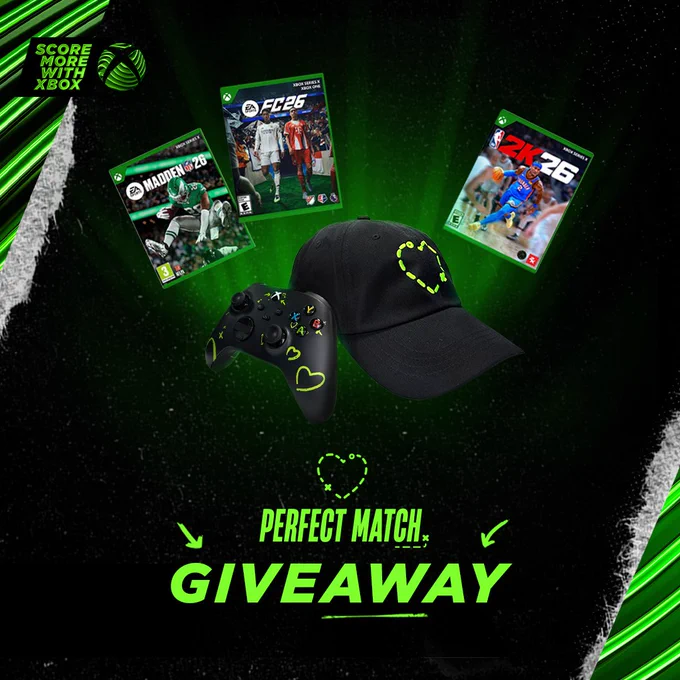 Square promotional graphic for an Xbox “Perfect Match Giveaway.” Against a black and neon green background, three Xbox game covers (Madden NFL 26, EA Sports FC 26, and NBA 2K26) float above a black Xbox controller and a black cap with neon green heart designs. The top left reads “Score More with Xbox,” and bold neon green text at the bottom says “Perfect Match Giveaway.”