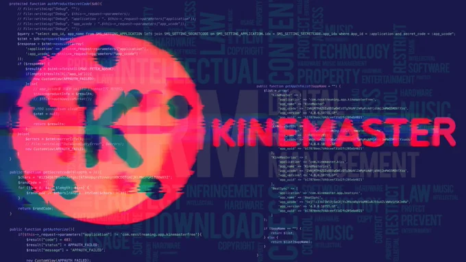 A glitchy edited KineMaster logo over top some of their source code and a word cloud of DRM-related terms