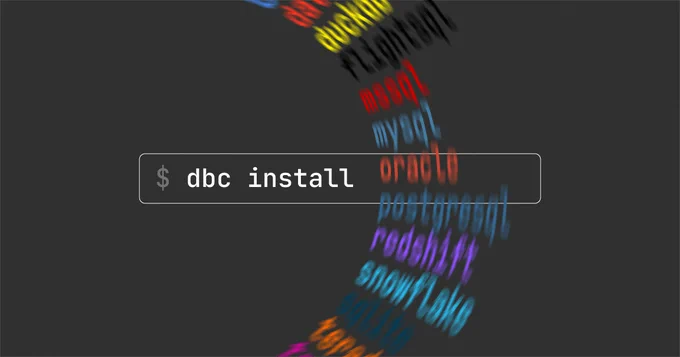 Terminal-style image showing the command `dbc install` typed in a command line box, with a colorful swirling list of database and data warehouse names in the background, illustrating that dbc can install ADBC drivers for many different systems.