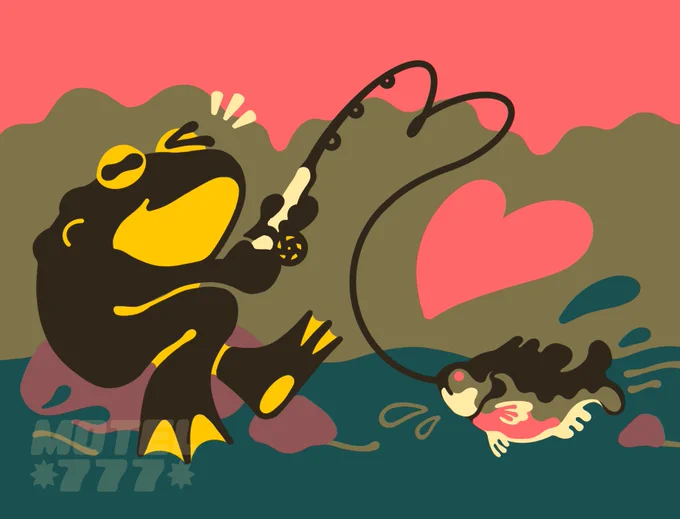 Illustration of a frogman cryptid catching a bluegill fish in a river.