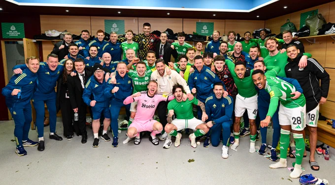 Newcastle United celebrate in the dressing after winning in the FA Cup fourth round.