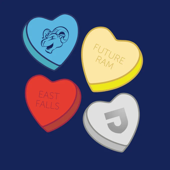 Candy hearts that say "Future Ram" and "East Falls." Two other candy hearts include a picture of Phil the Ram and the Jefferson shield.