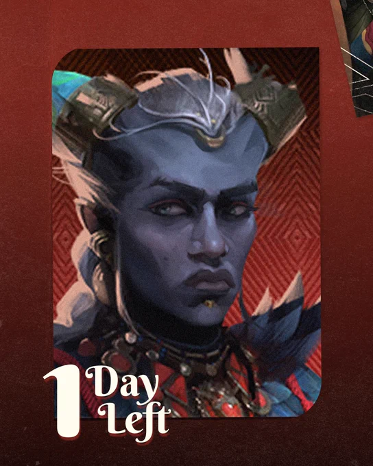 Poster announcing a countdown to Taash Week 2026. The graphic features a deep red background, there is a the corner of a tarot card on the top right corner and larger, full card in the center featuring the character Taash.

On the bottom left corner the text reads "1 Day Left".