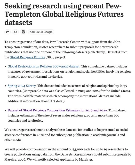 To encourage reuse of our data, Pew Research Center, with support from the John Templeton Foundation, invites researchers to submit proposals for new research publications that use one or more of the following datasets (collectively, Datasets) from the Global Religious Futures (GRF) project:  Global Restrictions on Religion 2007-2022 dataset. This cumulative dataset includes measures of government restrictions on religion and social hostilities involving religion in nearly 200 countries and territories. Spring 2024 Survey. This dataset includes measures of religion and spirituality in 35 countries. (Comparable data was also collected in 2023 and 2024 for the United States. The downloadable materials which accompany the international dataset include additional information about U.S. data.) Dataset of Global Religious Composition Estimates for 2010 and 2020. This dataset includes estimates of the size of seven major religious groups in more than 200 countries and territories. We encoura