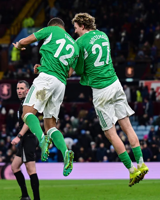 Nick Woltemade and Malick Thiaw celebrating at Villa Park. 