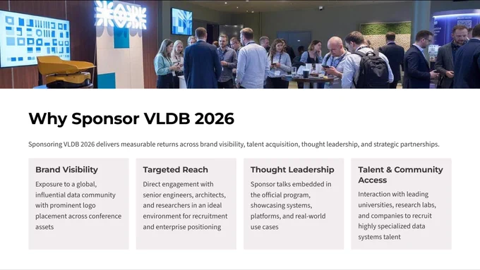 Banner image promoting “Why Sponsor VLDB 2026.” The top shows a networking scene at a professional conference with attendees talking in a booth area. Below, large text reads “Why Sponsor VLDB 2026,” followed by a description about measurable returns in brand visibility, talent acquisition, thought leadership, and partnerships. Four highlighted sections list benefits: Brand Visibility, Targeted Reach, Thought Leadership, and Talent & Community Access, each with brief explanatory text.