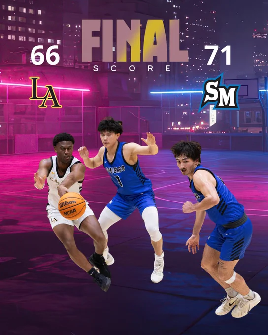 A basketball game scene shows three players on a court. One player in a white uniform holds a basketball, while two players in blue uniforms guard. The background displays "Final Score" with the letters "LA" and "SM," alongside the scores 66 and 71. The court is illuminated with vibrant pink and blue lights.