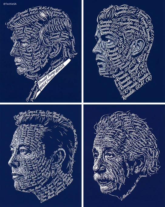 Create a typographic art portrait using the uploaded photo of a person as reference. Display a left-facing side profile portrait. The entire image--including the face. hair. and facial features--must be formed exclusively from repeated white calligraphic text using the words: "[PUT WHATEVER WORDS YOU WANT HERE]" The text should follow the natural contours of the face and hair, clearly shaping the person's profile silhouette. Use a deep navy blue background with high contrast The stvle should be clean vector art with sharp edges. Output in high-resolution 8K quality. Do not alter the person's facial identity. No additional colors. no textures. and no watermark
Dimension 4:5