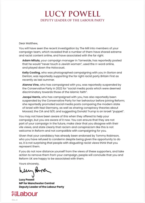 A letter from Lucy Powell to Matthew Goodwin raising concerns about the reported views of some of his campaign team. 