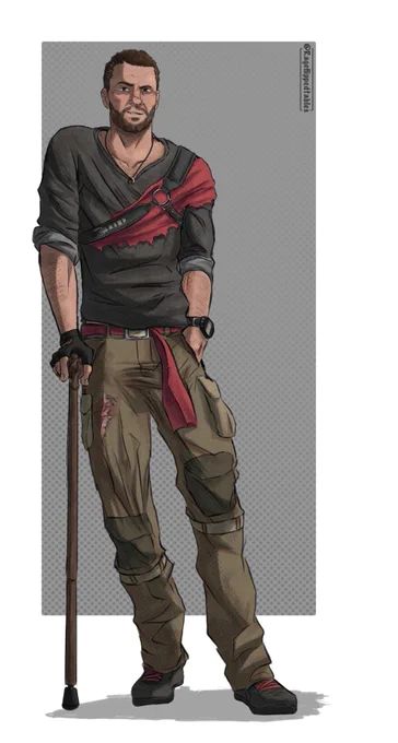 Kyle Crane (from the Video Game series Dying Light). He sports a wooden cane with a horse head on top and stands in a relaxed pose, one hand in a pocket and a smile on his lips. 
