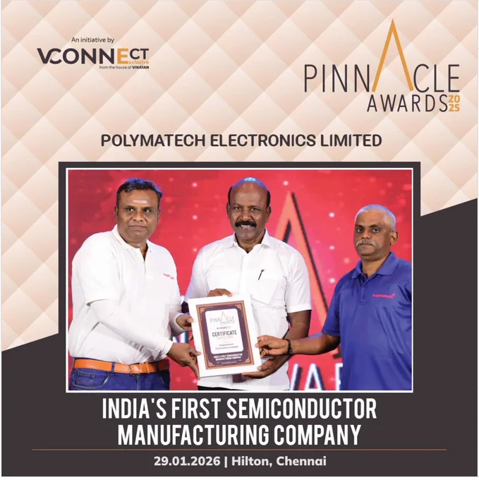 **Alt Text:**

Polymatech Electronics Limited receiving the Pinnacle Awards 2025 certificate from Thiru Ma. Subramanian, Hon’ble Minister for Health & Family Welfare, Government of Tamil Nadu, on stage at Hilton, Chennai.
