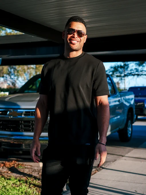 Giancarlo Stanton arrives to Yankees Spring Training in Tampa. 