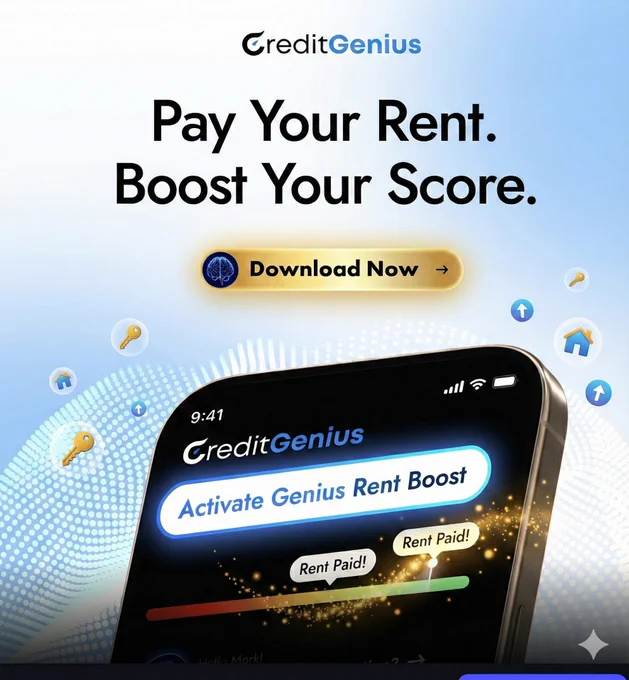 Credit Genius app promotional graphic. The headline says, "Pay Your Rent. Boost Your Score." above a "Download Now" button. A smartphone displays the app screen with an "Activate Genius Rent Boost" button and a visual showing rent payments boosting a credit meter.