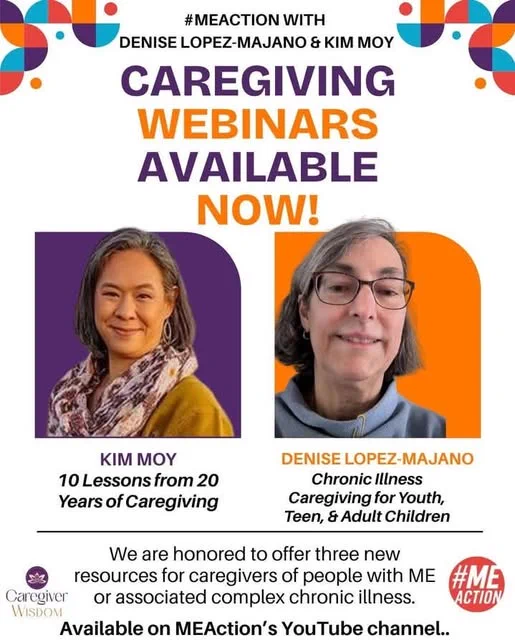 Twee foto's van mantelzorgers: Kim Moy en Denise Lopez-Majano met daarboven de tekst Caregiving webinars available now!